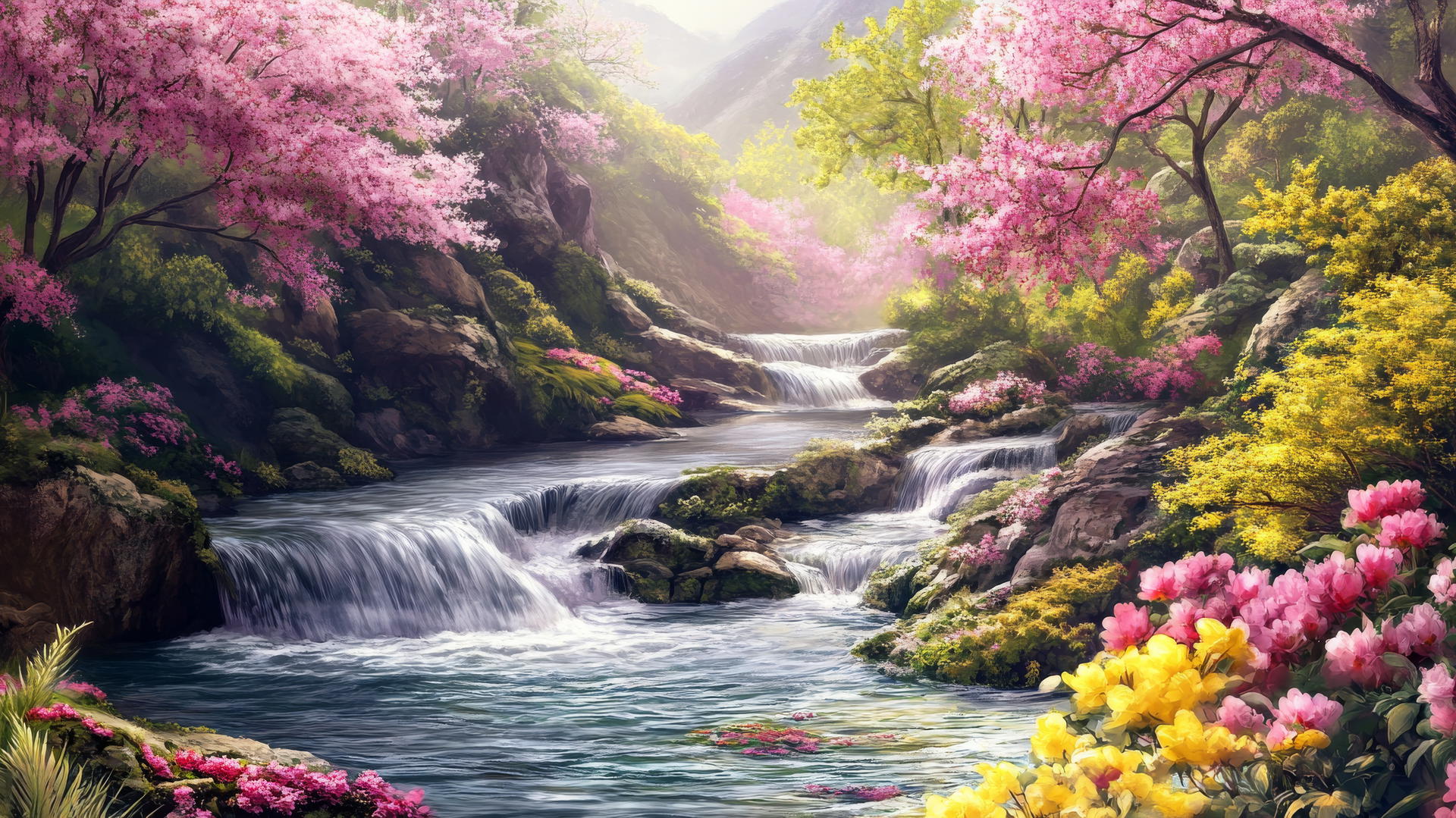 tranquil river with colorful blooming plants, spring wallpaper