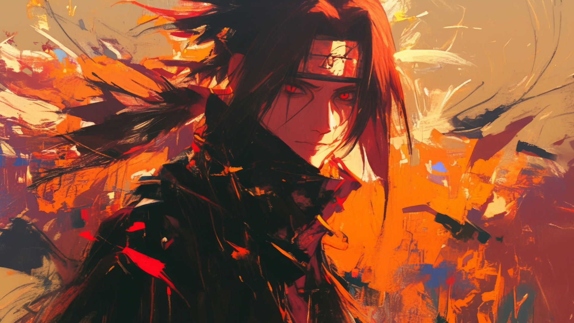itachi uchiha drawing with vibrant impressionist brush strokes