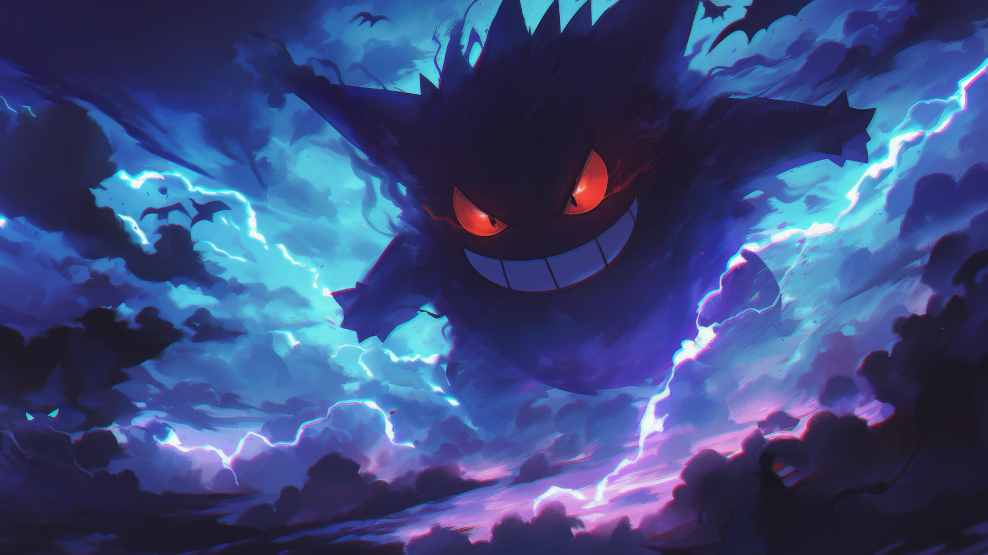 Gengar Pokemon amidst swirling clouds and thunderstorms, commanding the storm.
