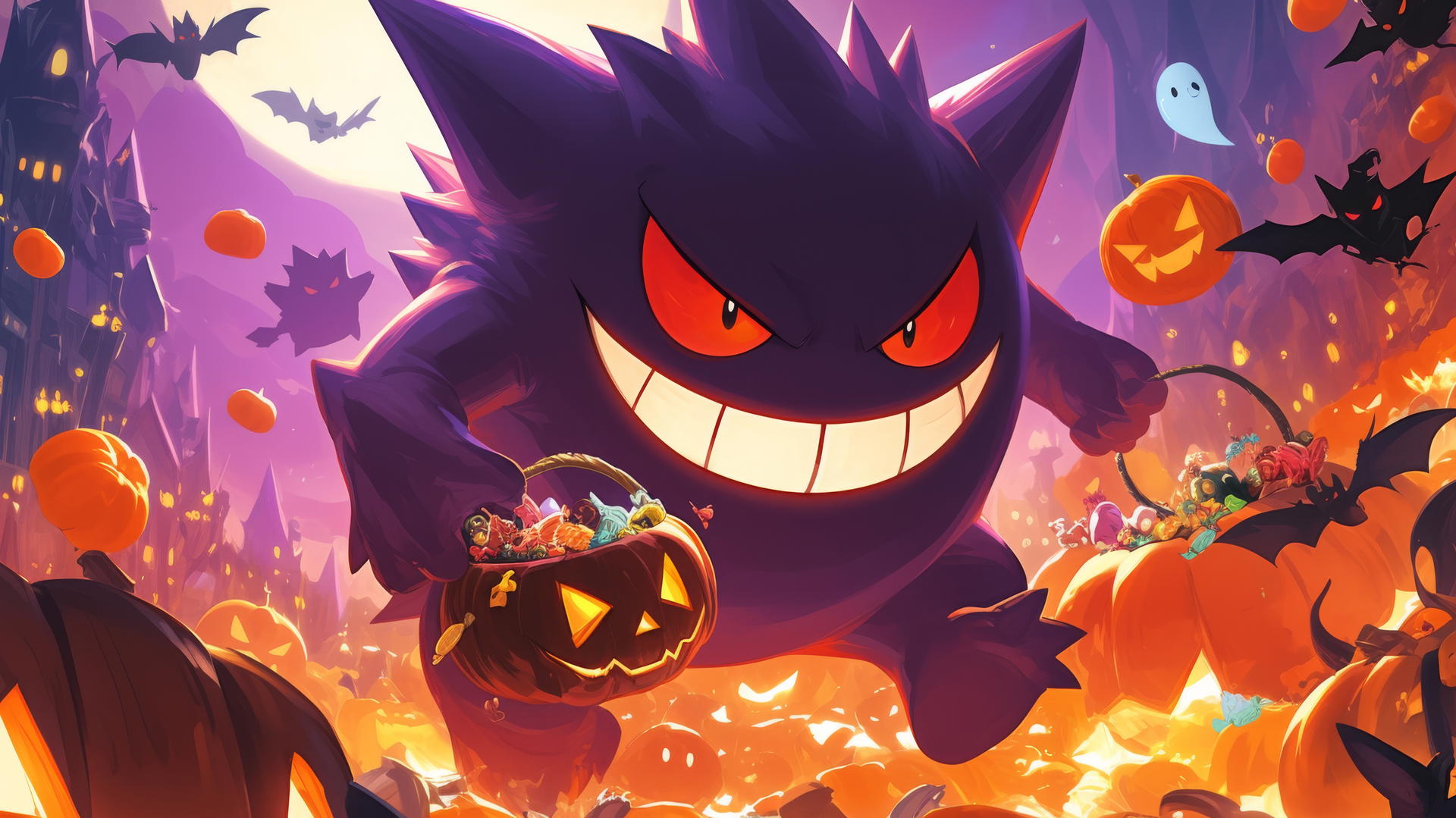 Gengar Pokemon enjoying a Halloween festival