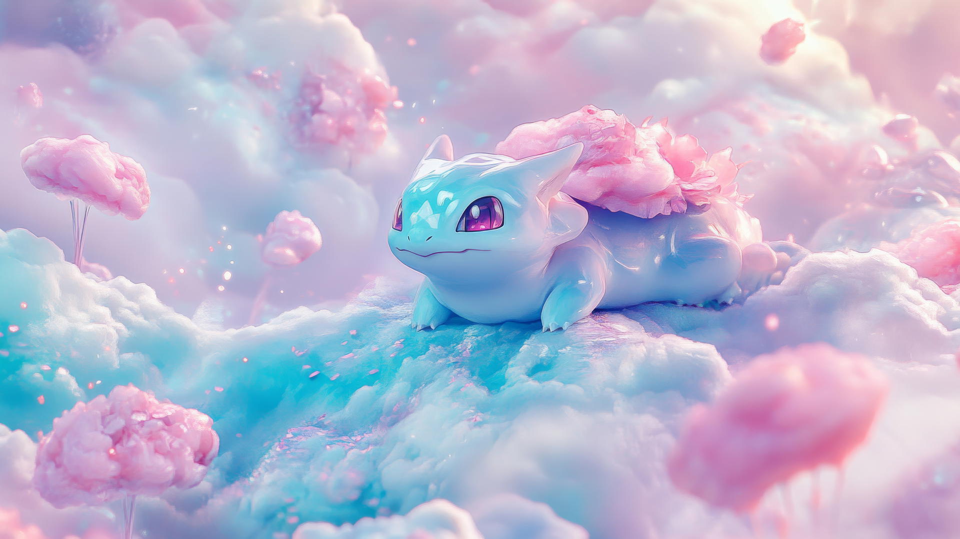 Pokemon Bulbasaur in a dreamy pastel world with cotton candy clouds and floating islands.