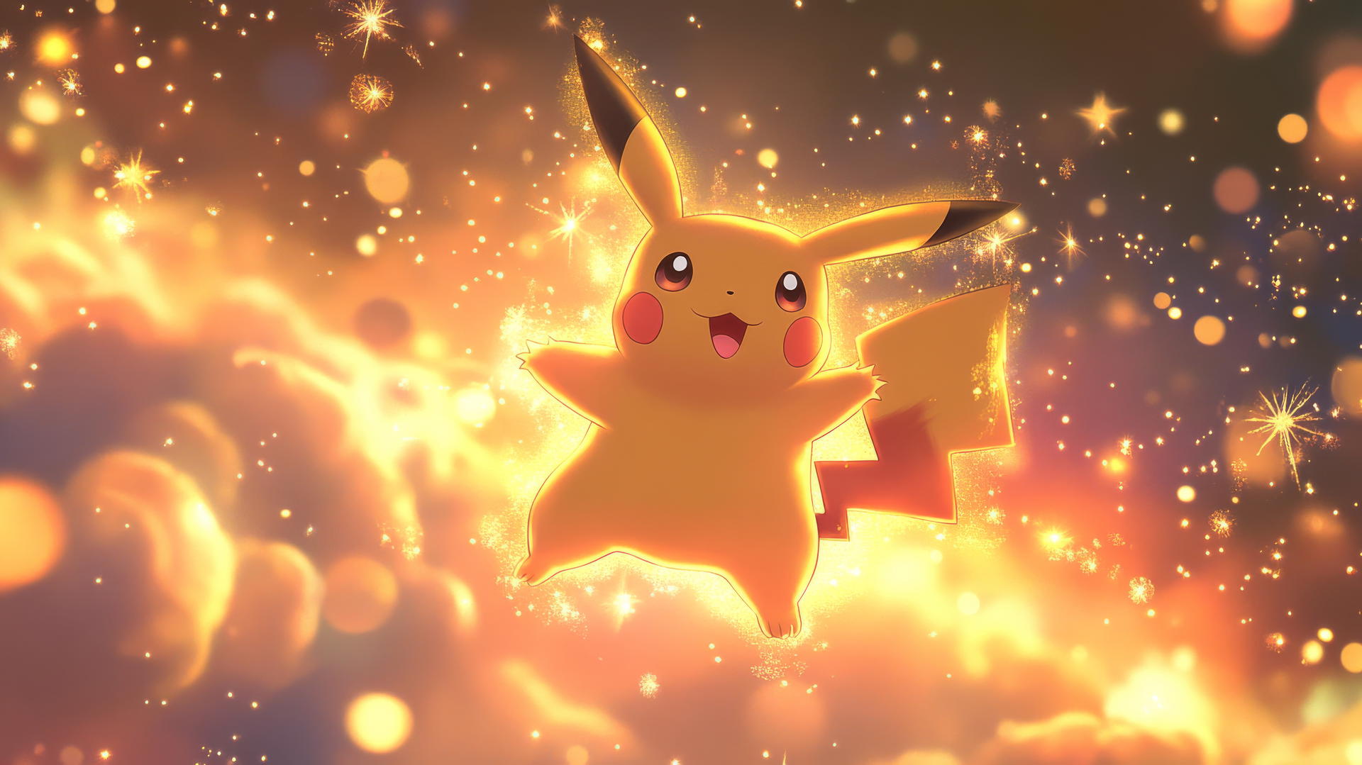 Celestial Pikachu floating among glowing clouds and golden stars