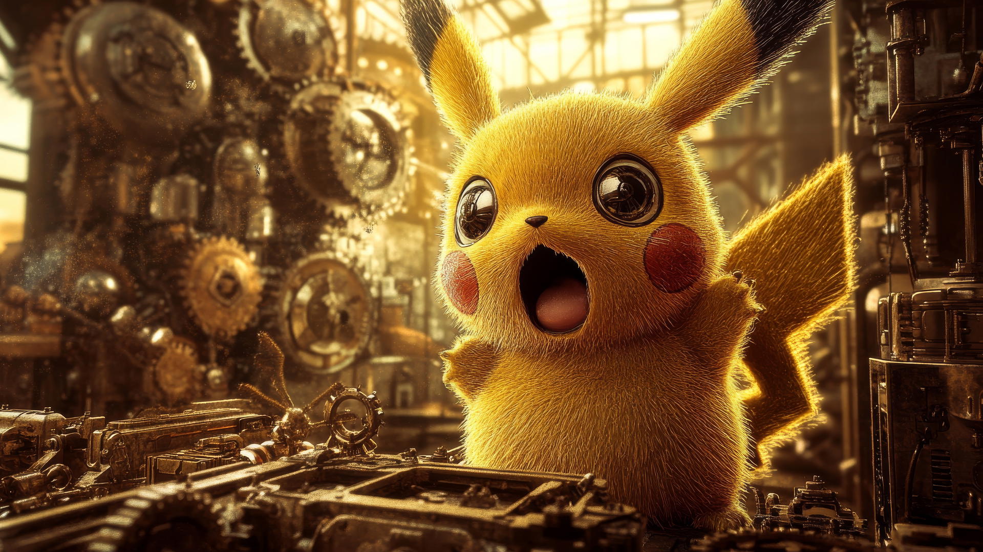 Pikachu in a steampunk world with mechanical gears