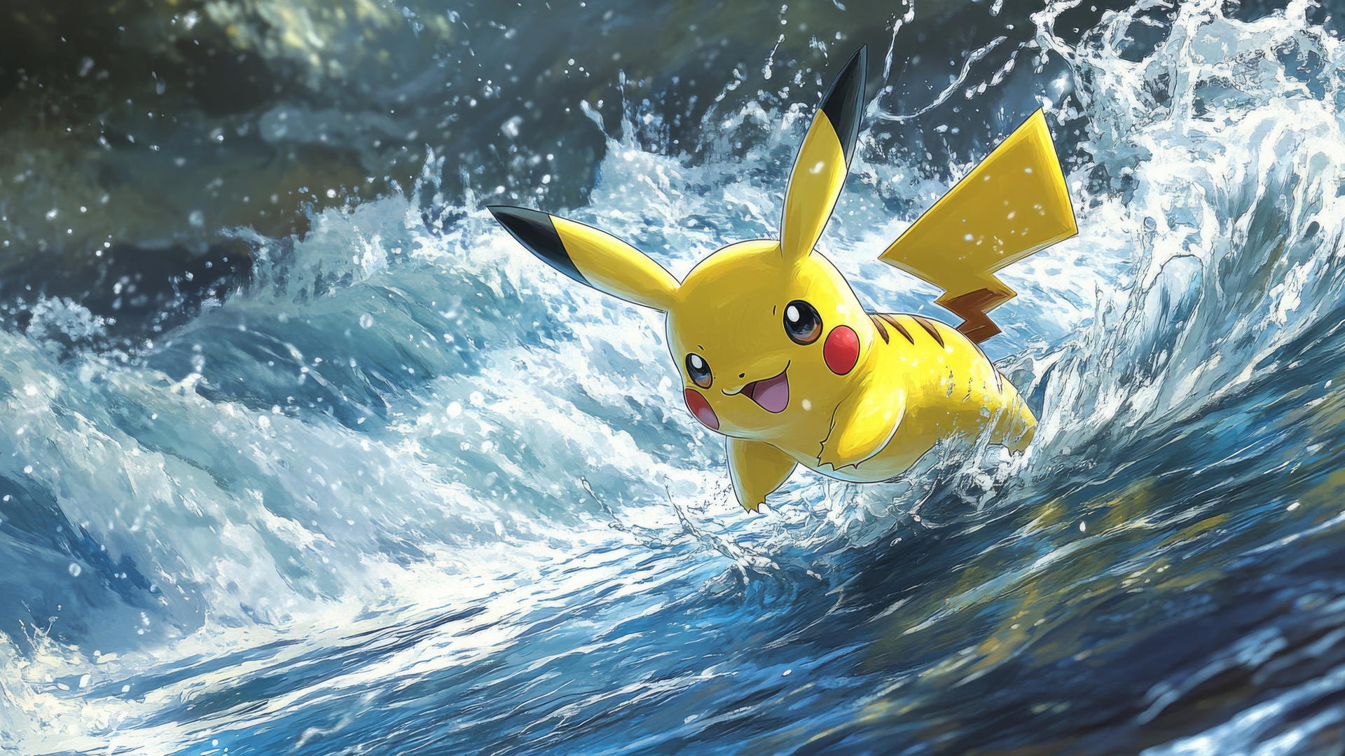 Pikachu leaping over a rushing river with water splashing, anime-style