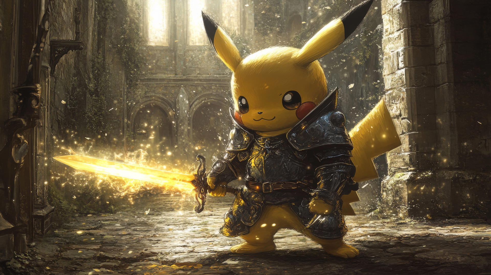 Pikachu dressed as a knight in shining armor holding a glowing sword