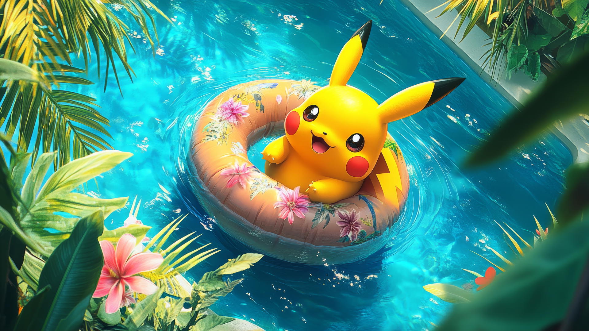 Fat Pikachu floating in a pool with an inflatable donut, surrounded by tropical plants.