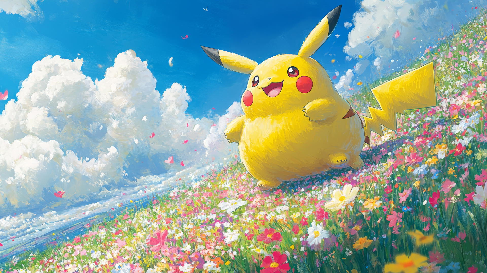 Fat Pikachu rolling down a flower-covered hill