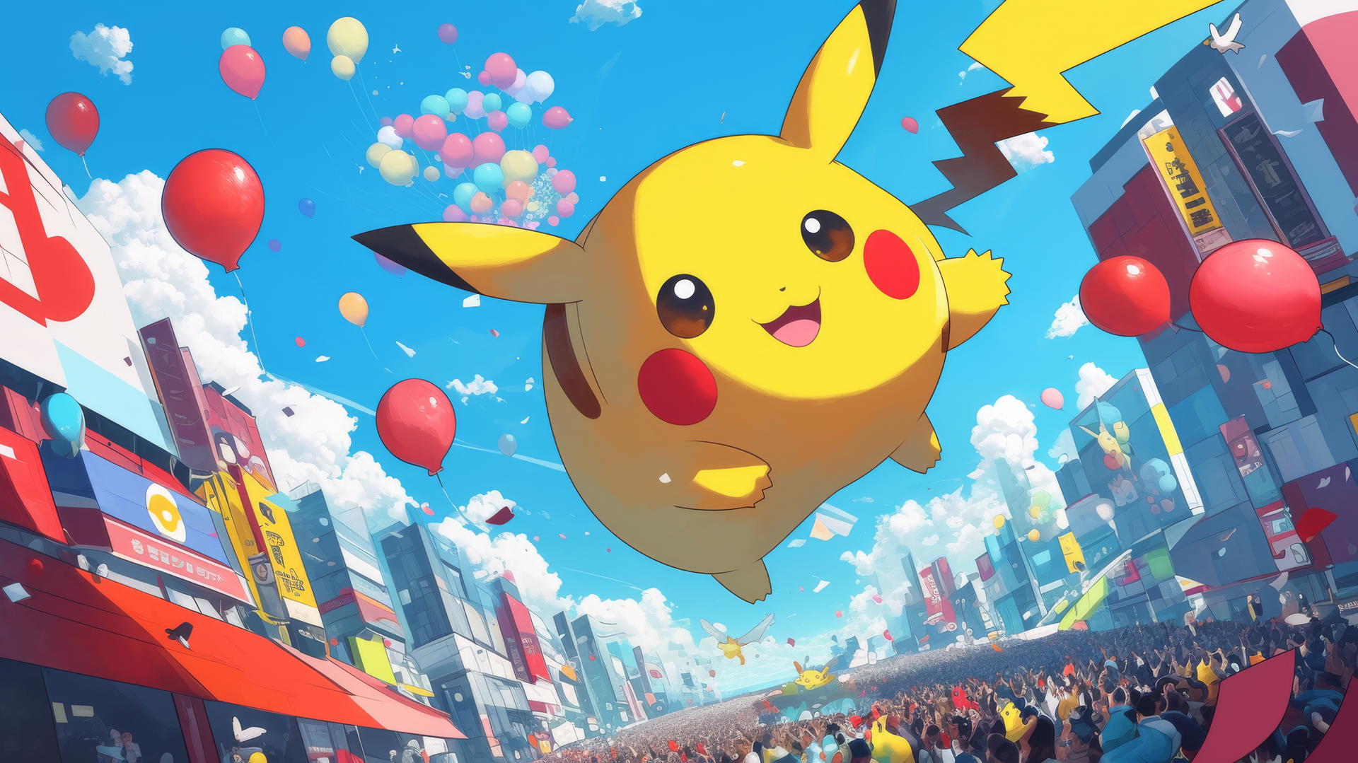 Fat Pikachu inflatable parade balloon floats above city with cheering crowds