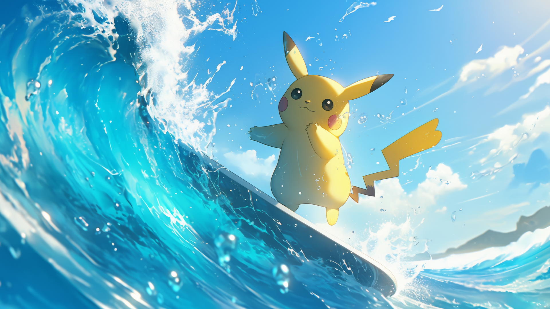 Pikachu surfing on a massive wave with water splashing around