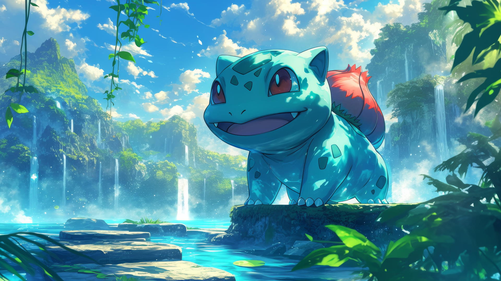Pokemon Bulbasaur jumping over stepping stones in a lush tropical rainforest