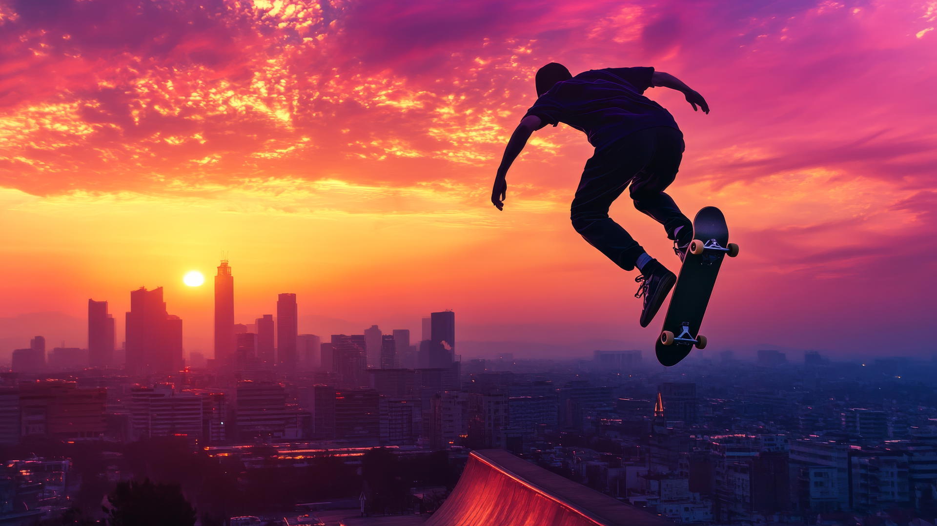 Cool wallpapers for boys: skateboarder performs mid-air trick at sunset, city skyline behind.