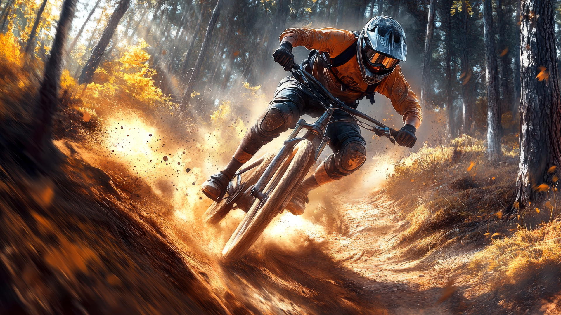 Cool wallpapers for boys: rugged mountain biker speeding down a forest trail