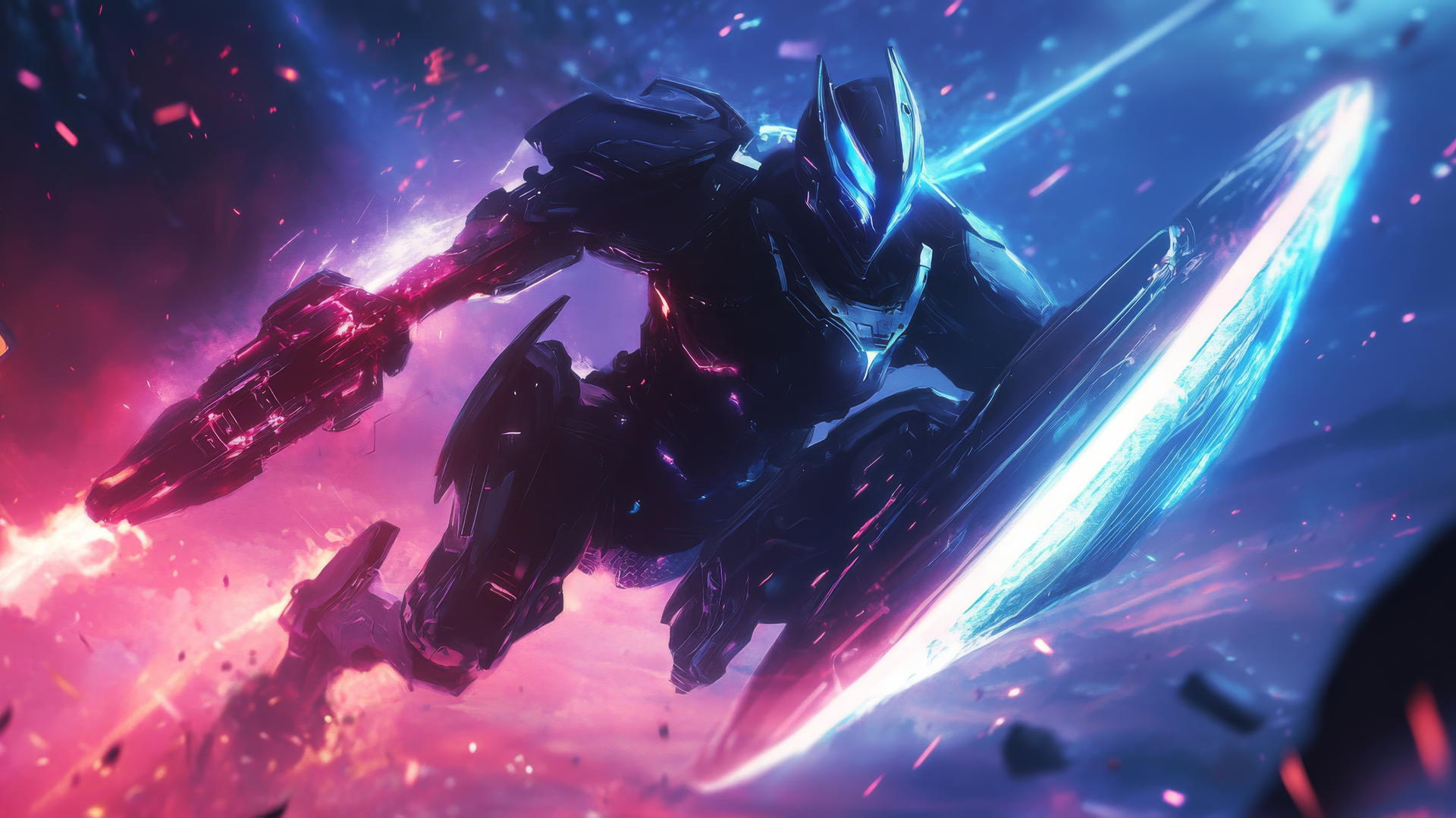 Futuristic knight on a hover-steed with glowing weapons and energy shield, cool wallpapers for boys