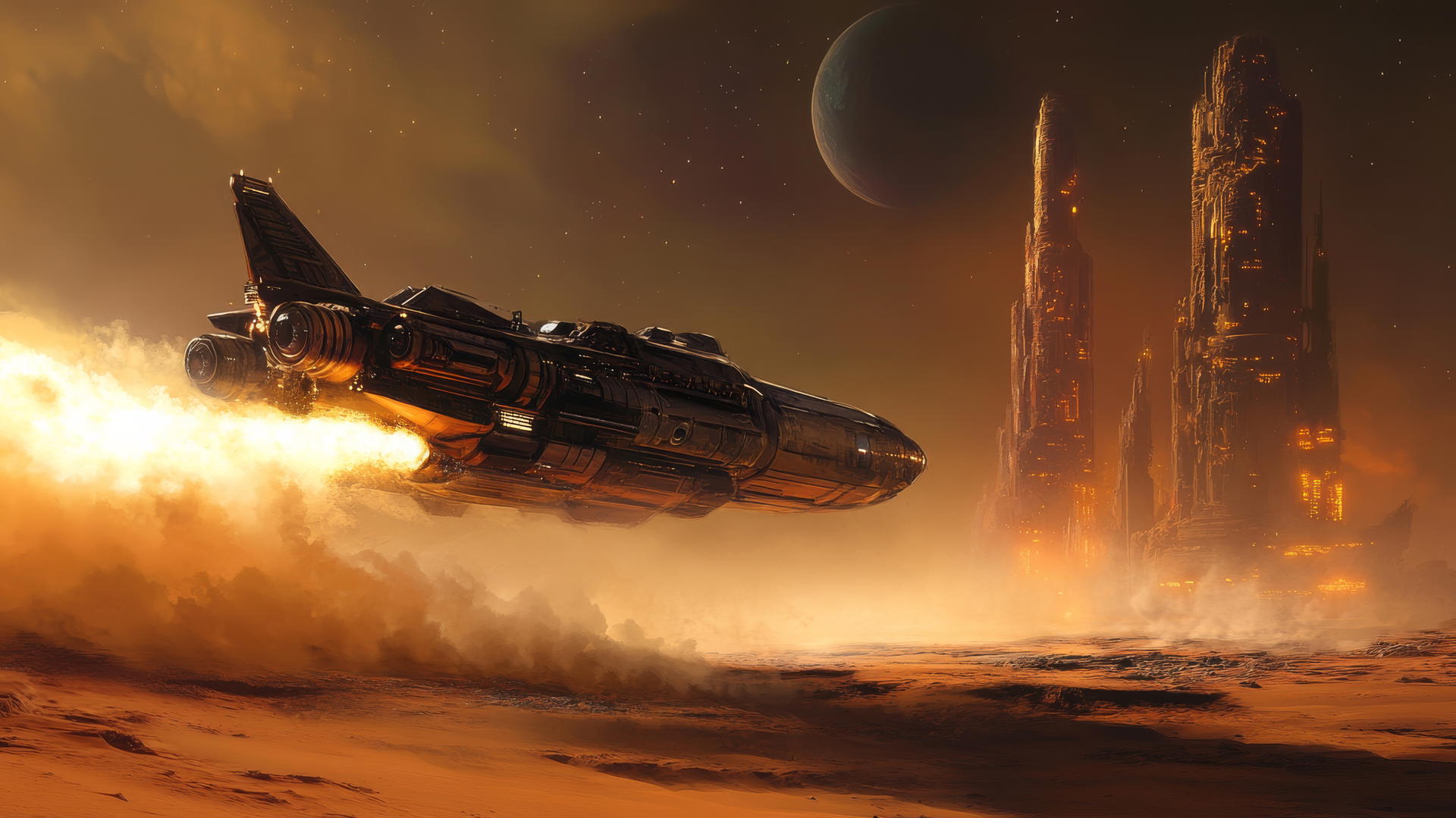Futuristic spaceship flying over desert planet with glowing alien structures