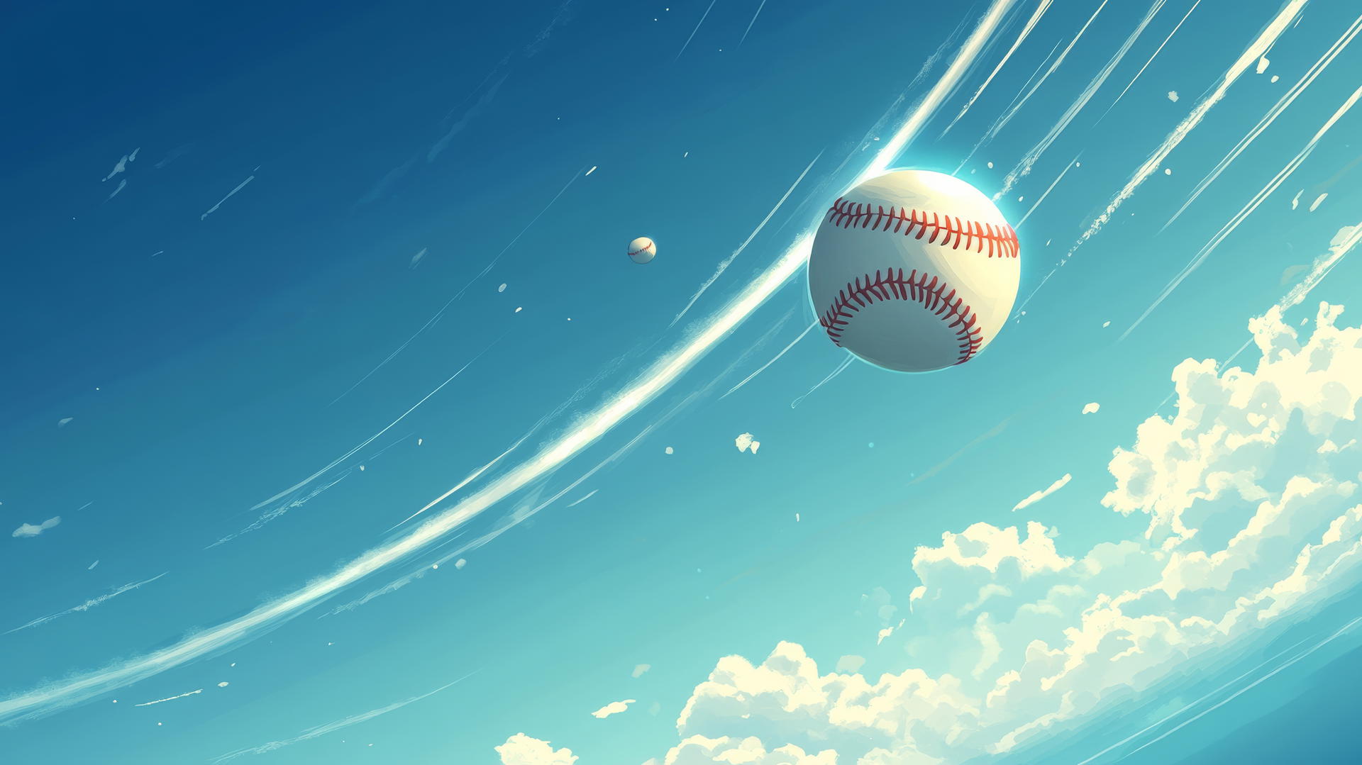 Glowing baseball with motion trails in blue sky with scattered clouds