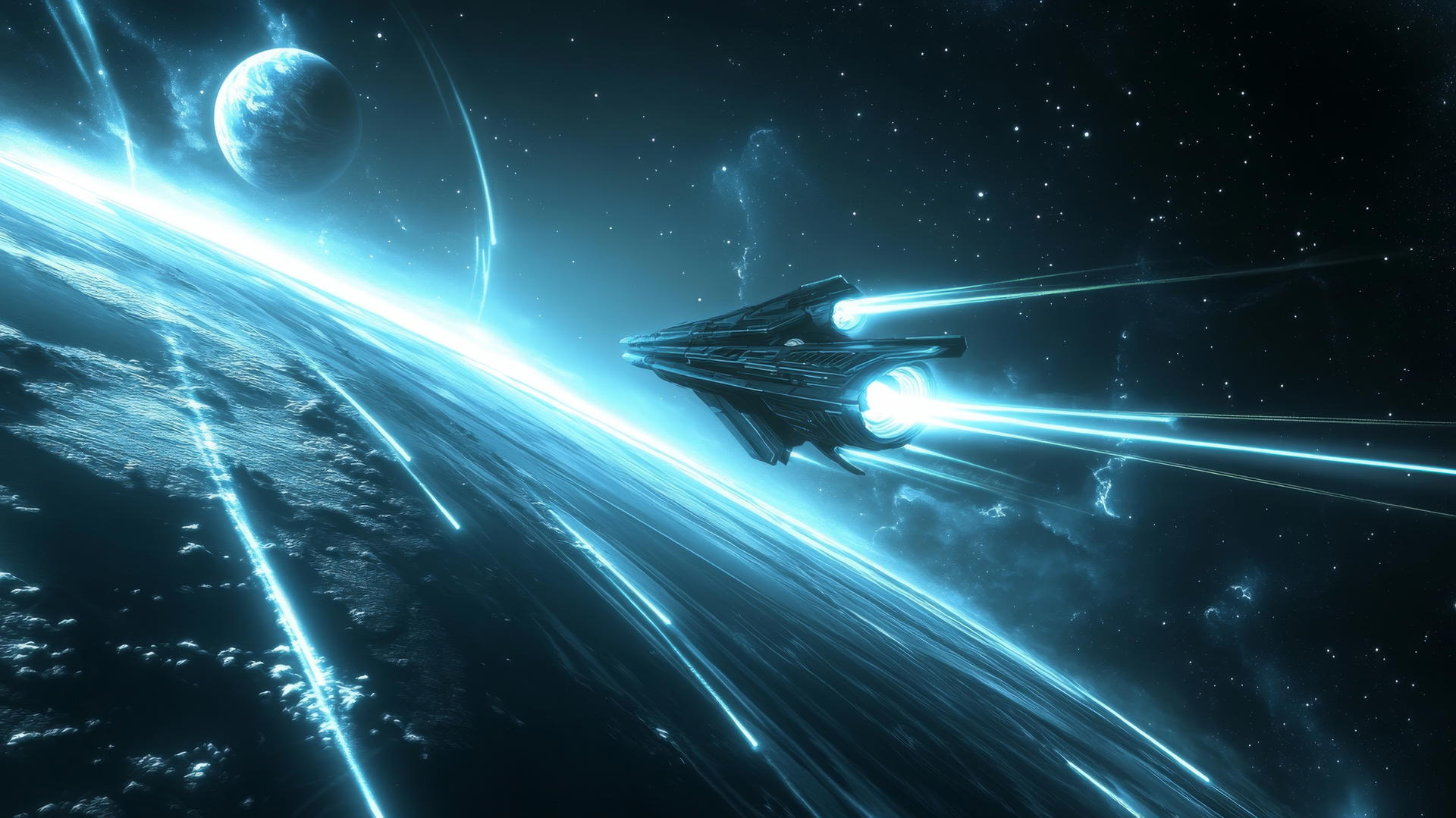 Glowing spaceship flies towards a distant planet with neon trails in deep space.