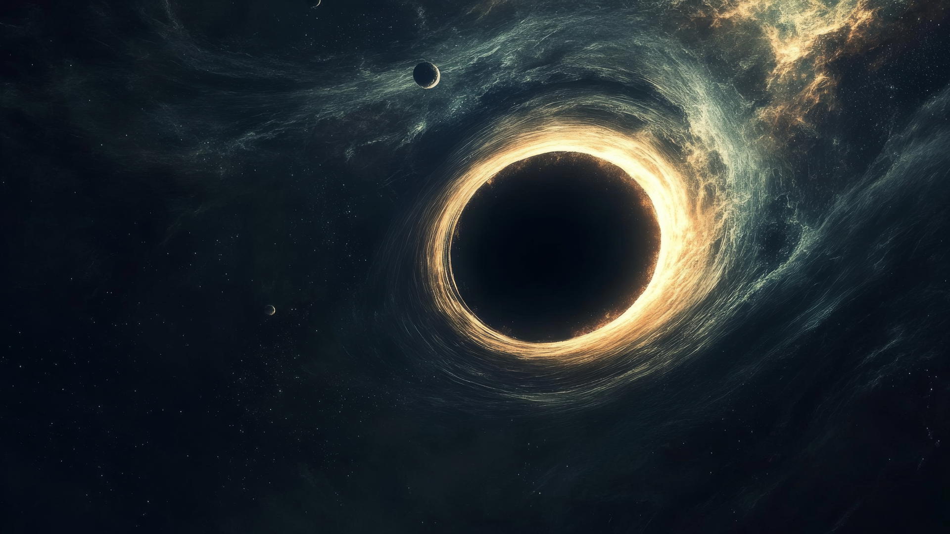 Mininalist black hole glowing softly with orbiting particles in space