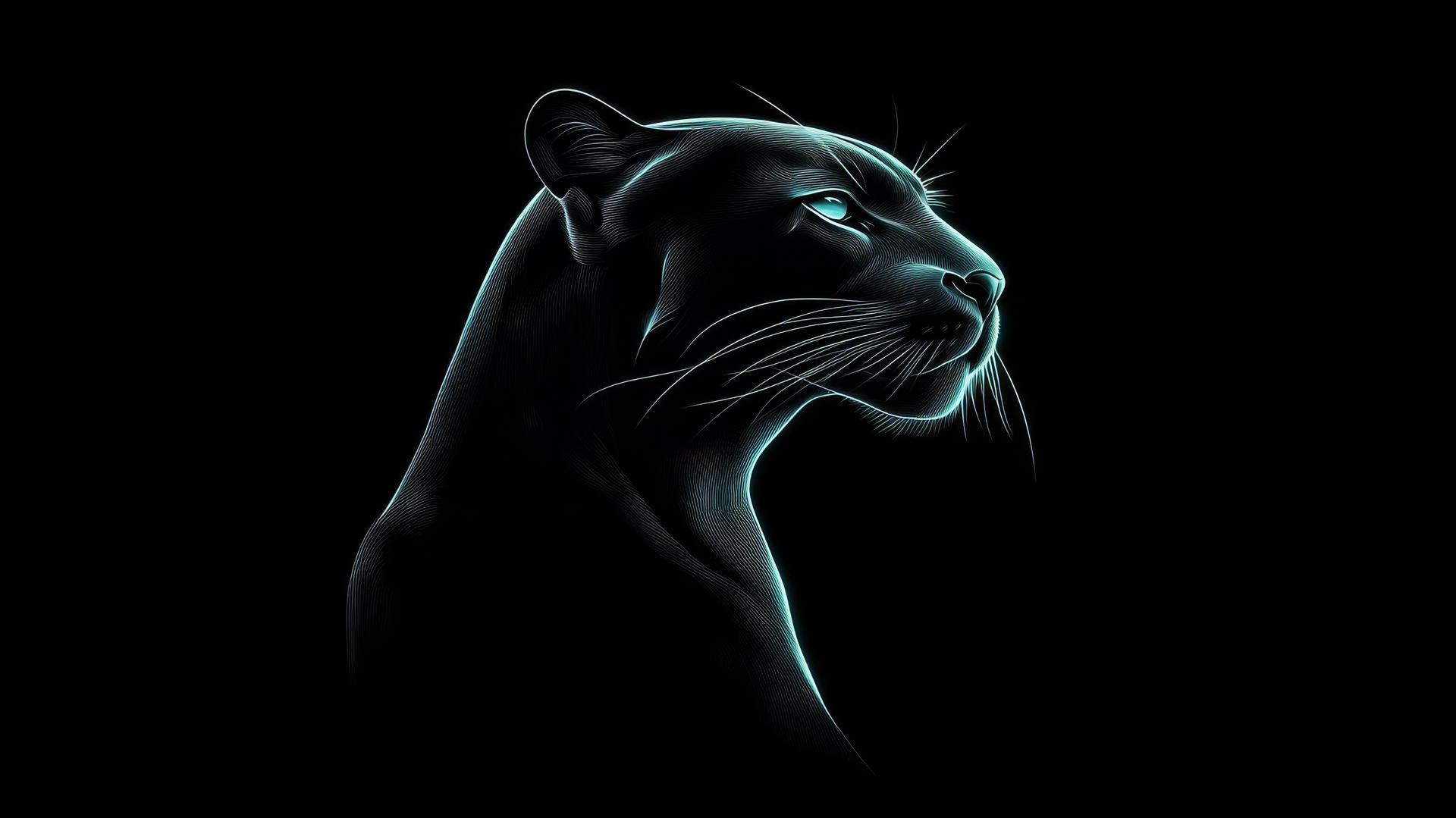 minimalist silhouette of a black panther with neon outlines on matte black