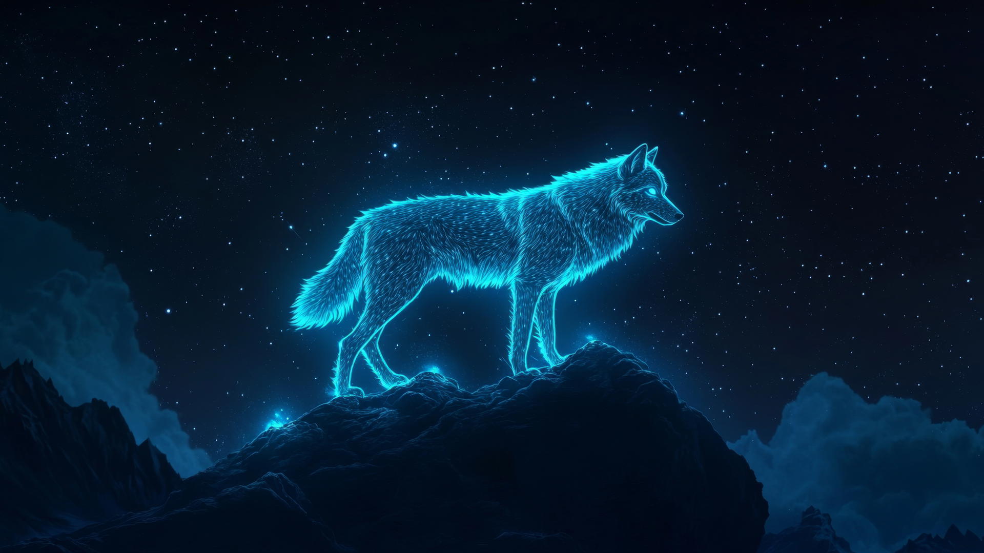 Glowing wolf on mountain peak with starry sky
