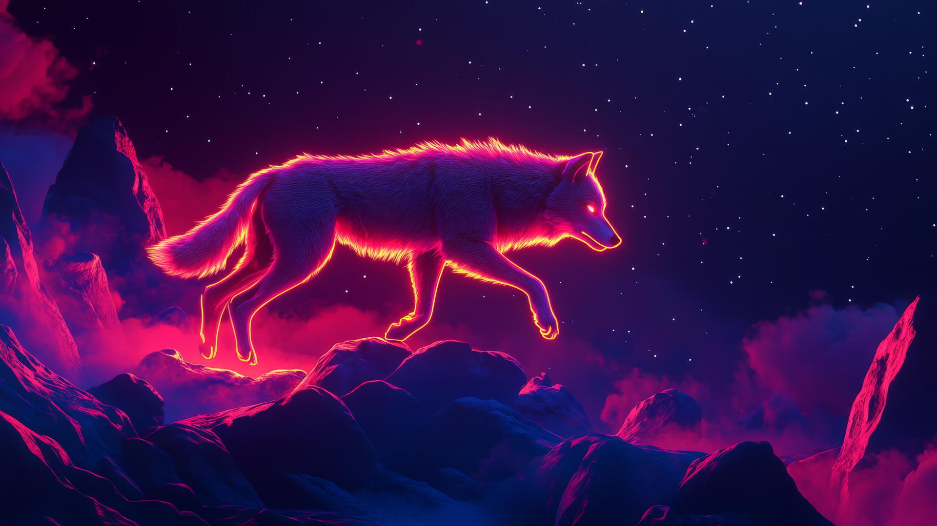 Glowing wolf silhouette leaping across rocky landscape under neon-lit night sky.