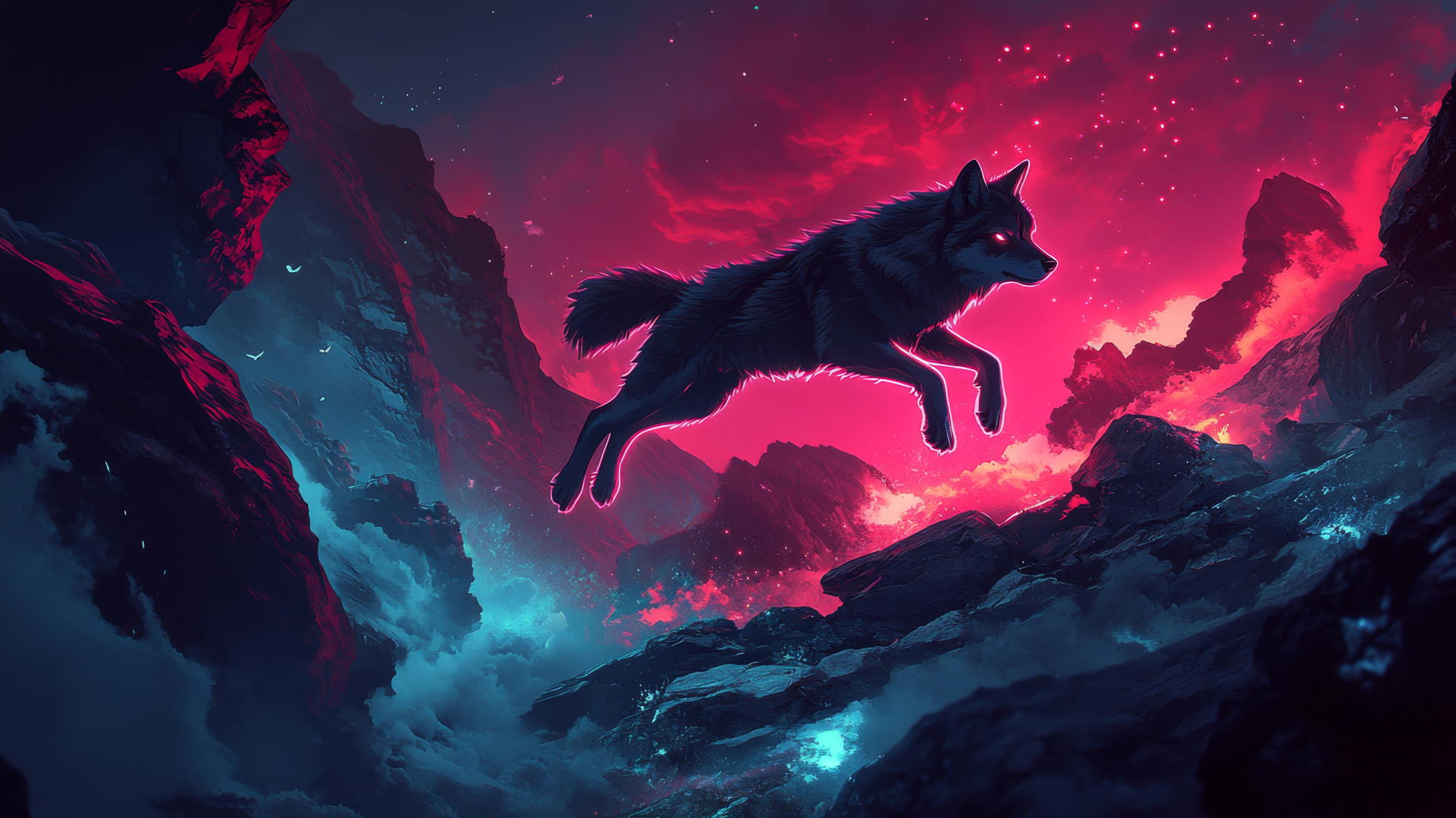 Glowing wolf silhouette leaping over rocky landscape with neon highlights.