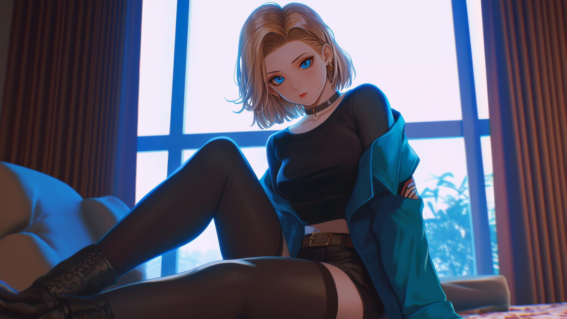 Android 18 crouching in a modern hotel