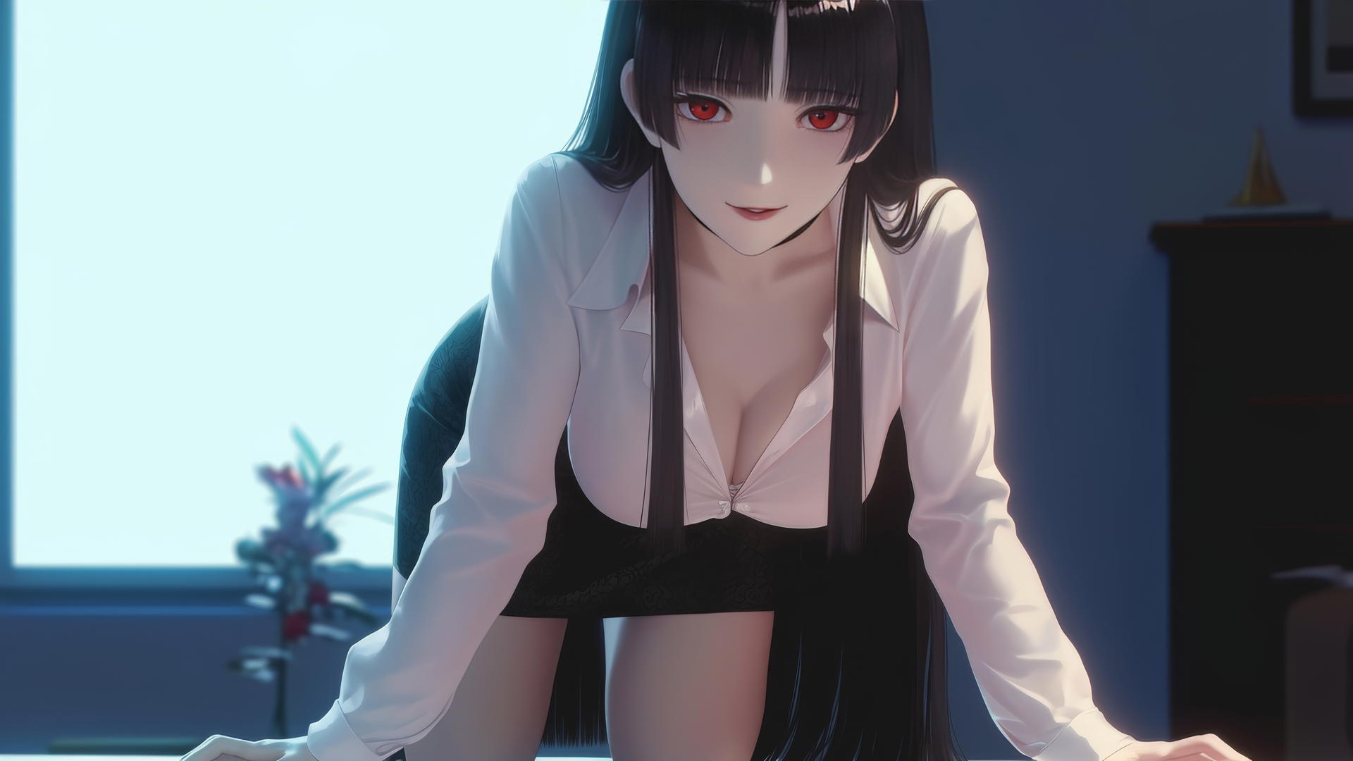 Yumeko Jabami kneeling in modern hotel room