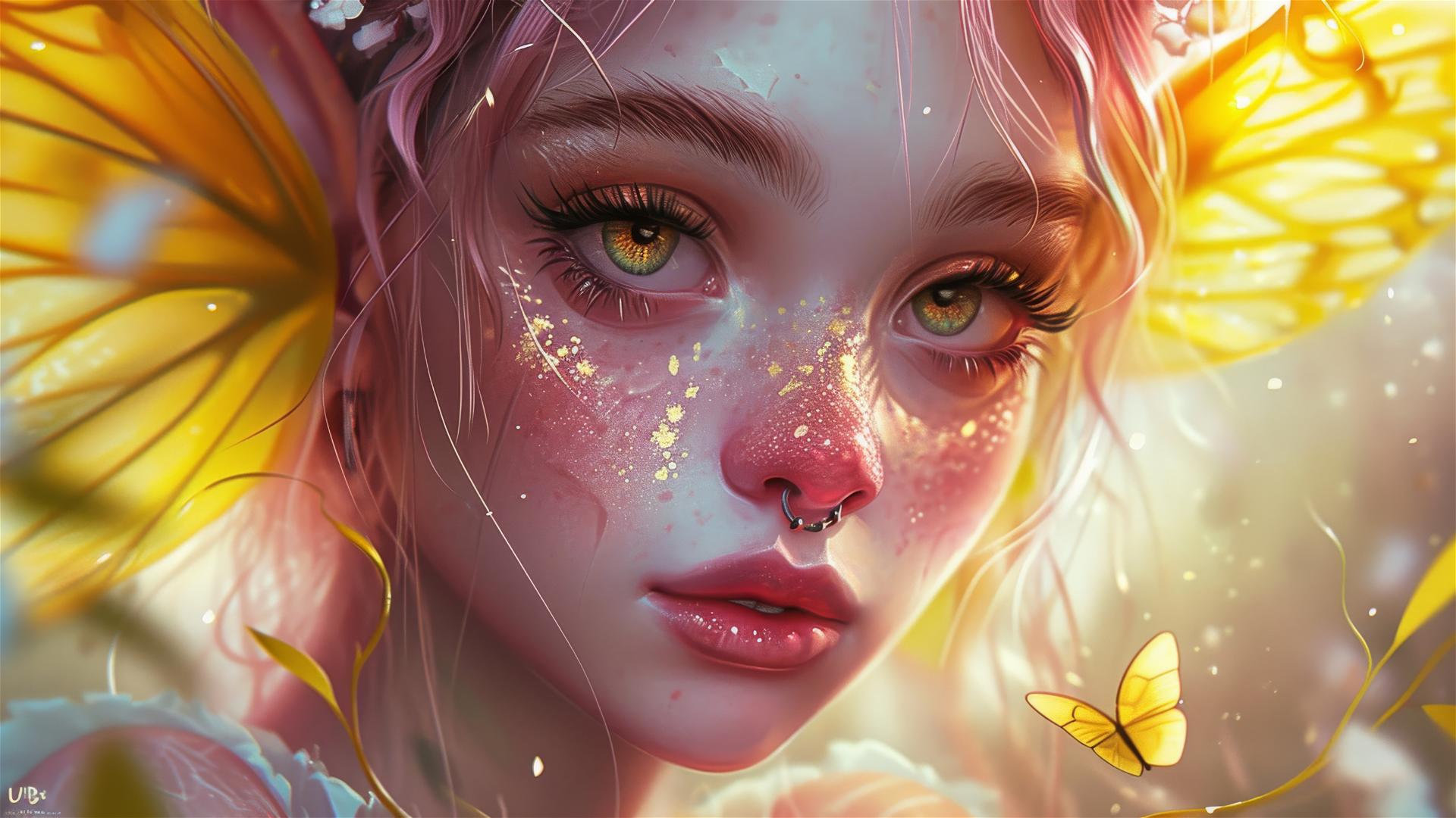 Kawaii fairy in yellow and white, tattoo style, with pink and amber hues.