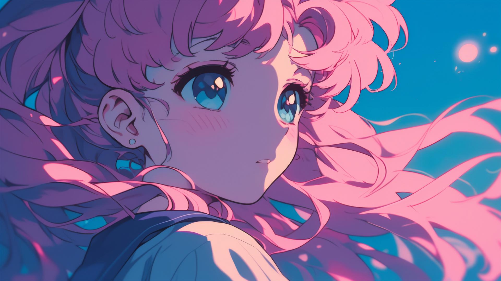 1980s anime girl with long pink hair and beautiful eyes in soft colors