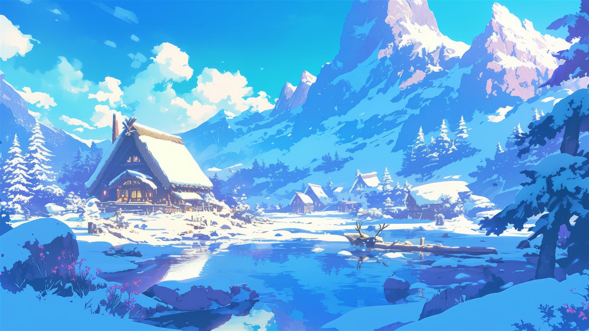 Snowy mountain with mythical creatures and cozy lodge, Studio Ghibli style