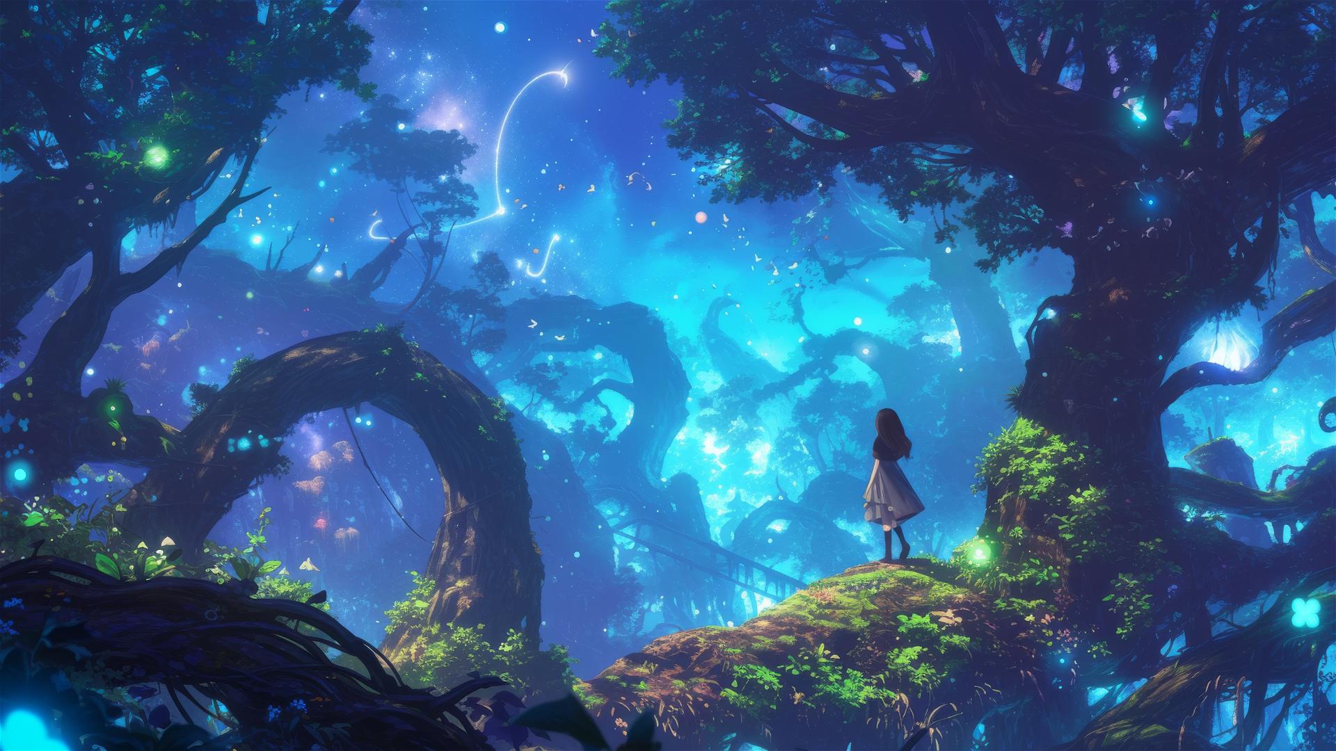 Anime forest with Ghibli creatures and magical lights.