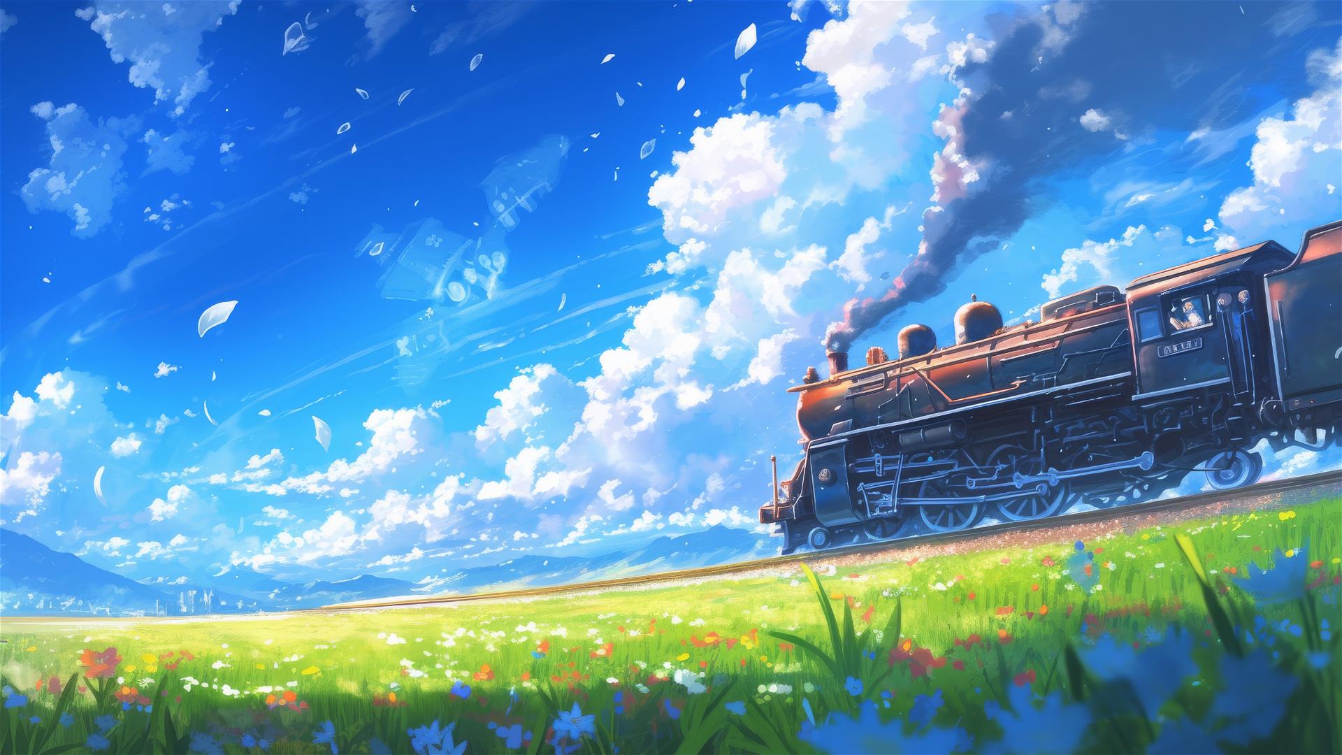 Ghibli-style anime train traversing time and space