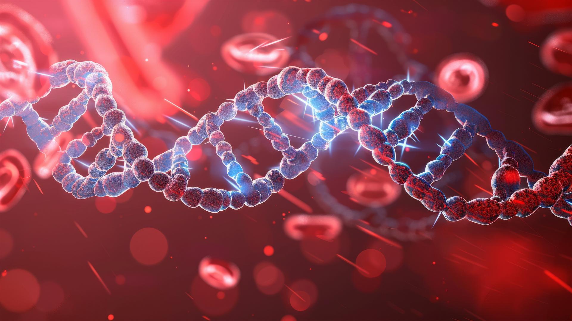 Close-up of blue DNA helix on red background with cells and light rays