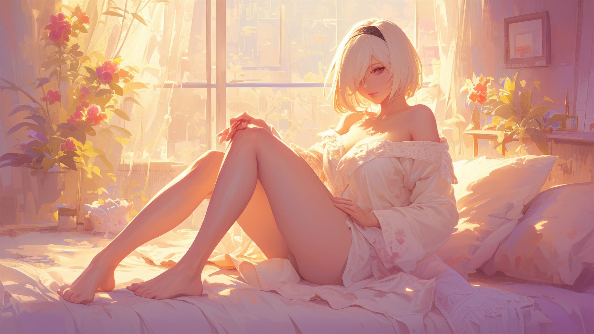 2B from Nier in white silk pajamas, bathed in sunrise light.