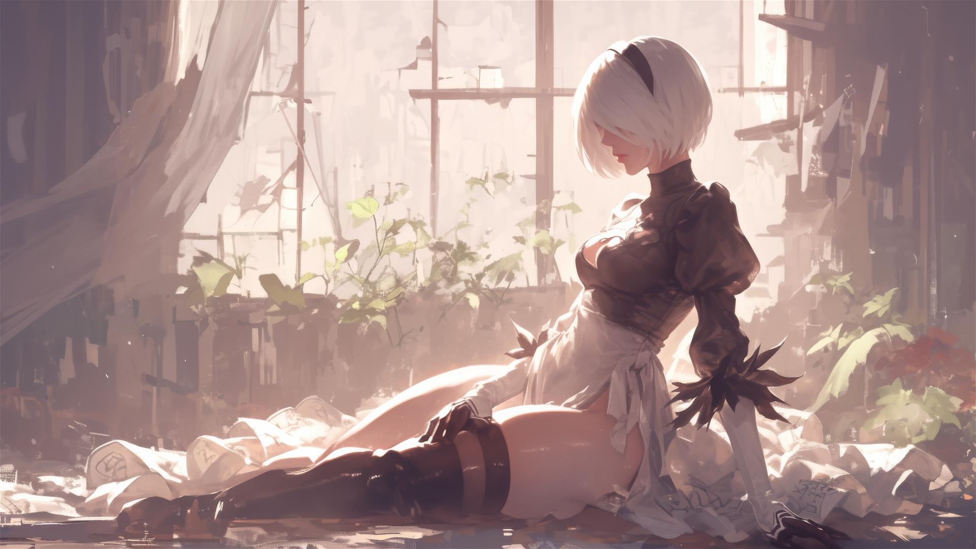 2B from Nier in white silk pajamas resting at sunrise.