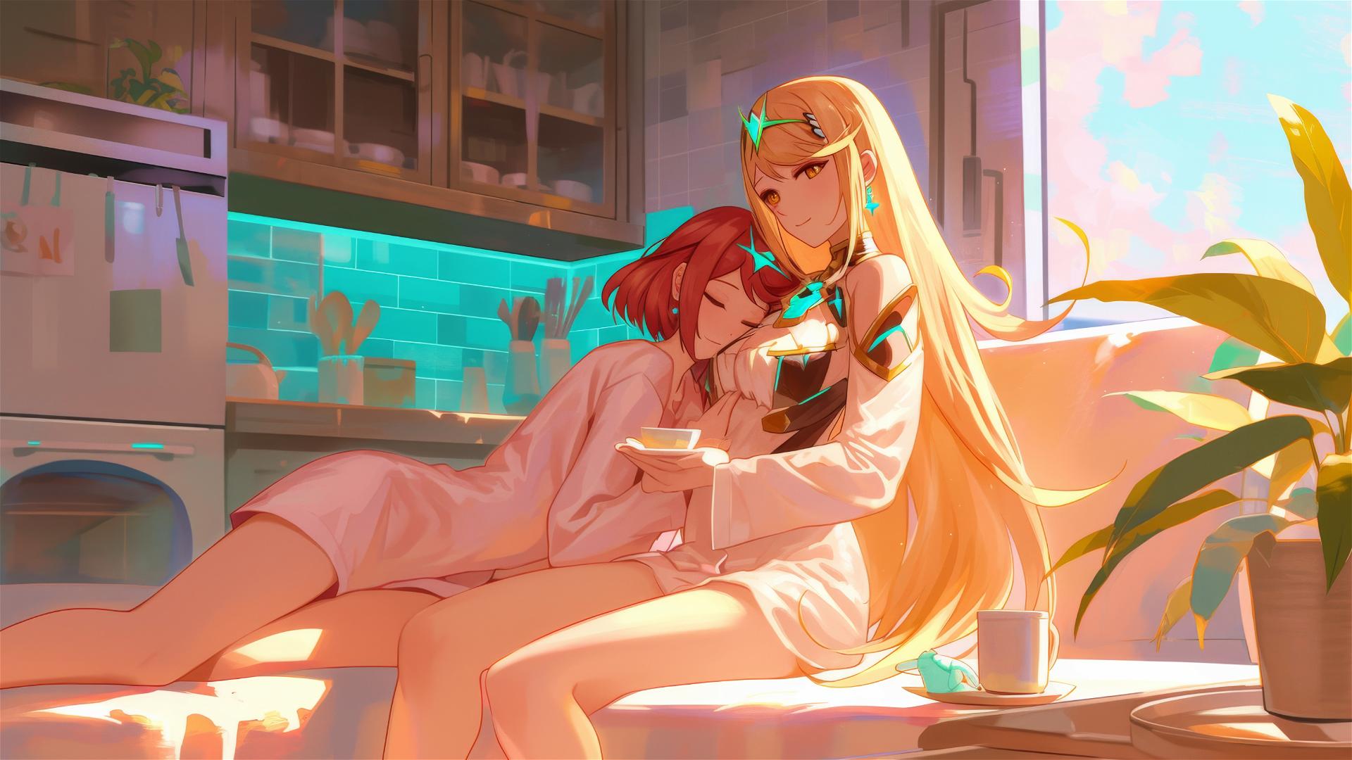 Pyra and Mythra in white silk pajamas with coffee at sunrise.
