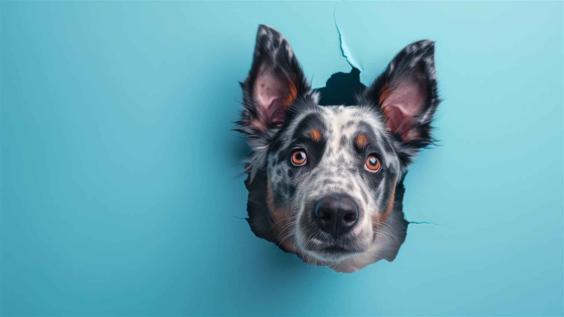 Australian Cattle Dog peeking through sky blue paper