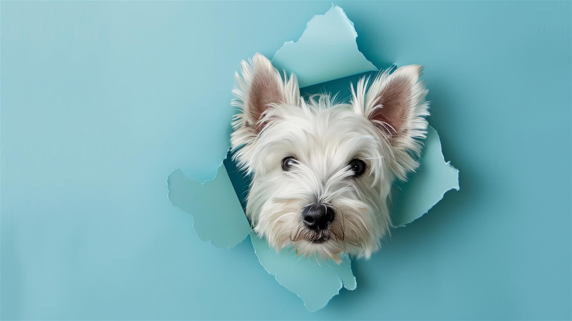 West Highland White Terrier peeking through sky blue paper