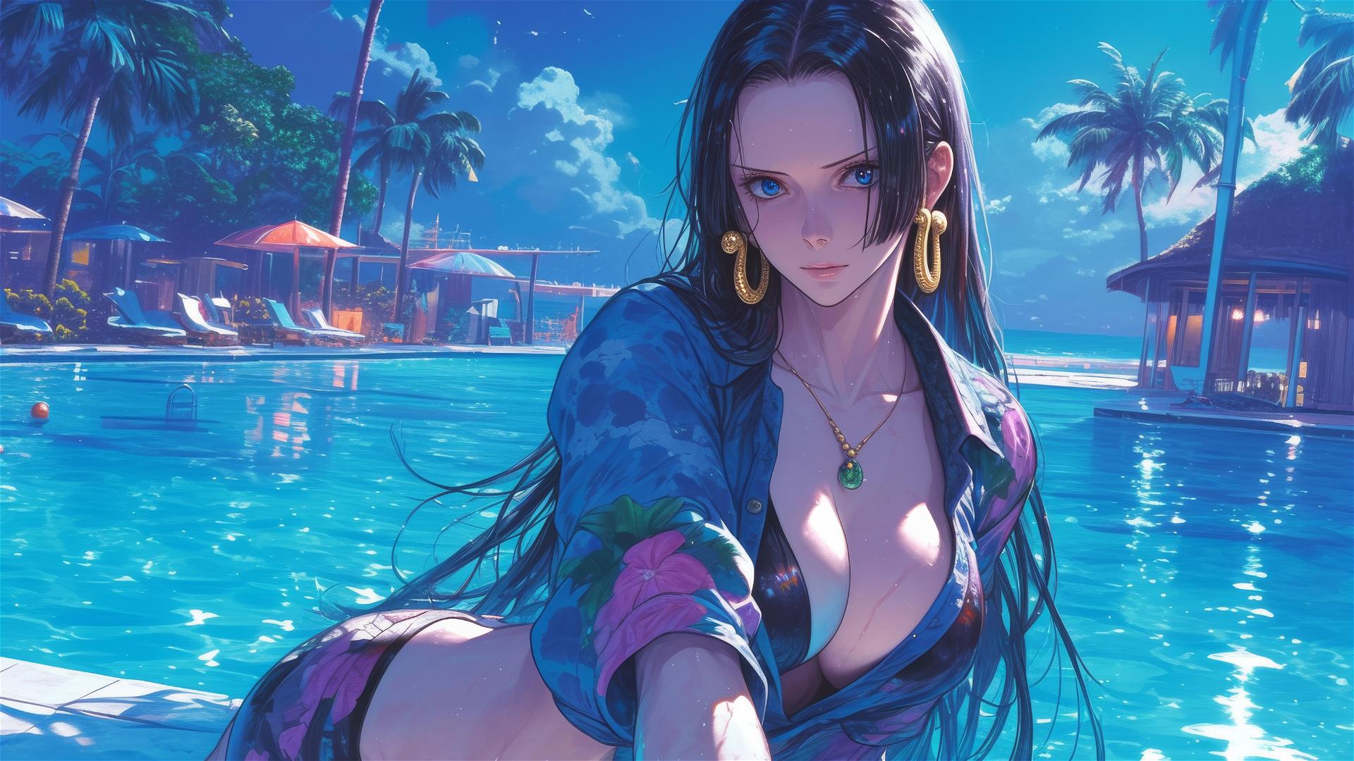 Boa Hancock from One Piece standing in a pool under moonlight