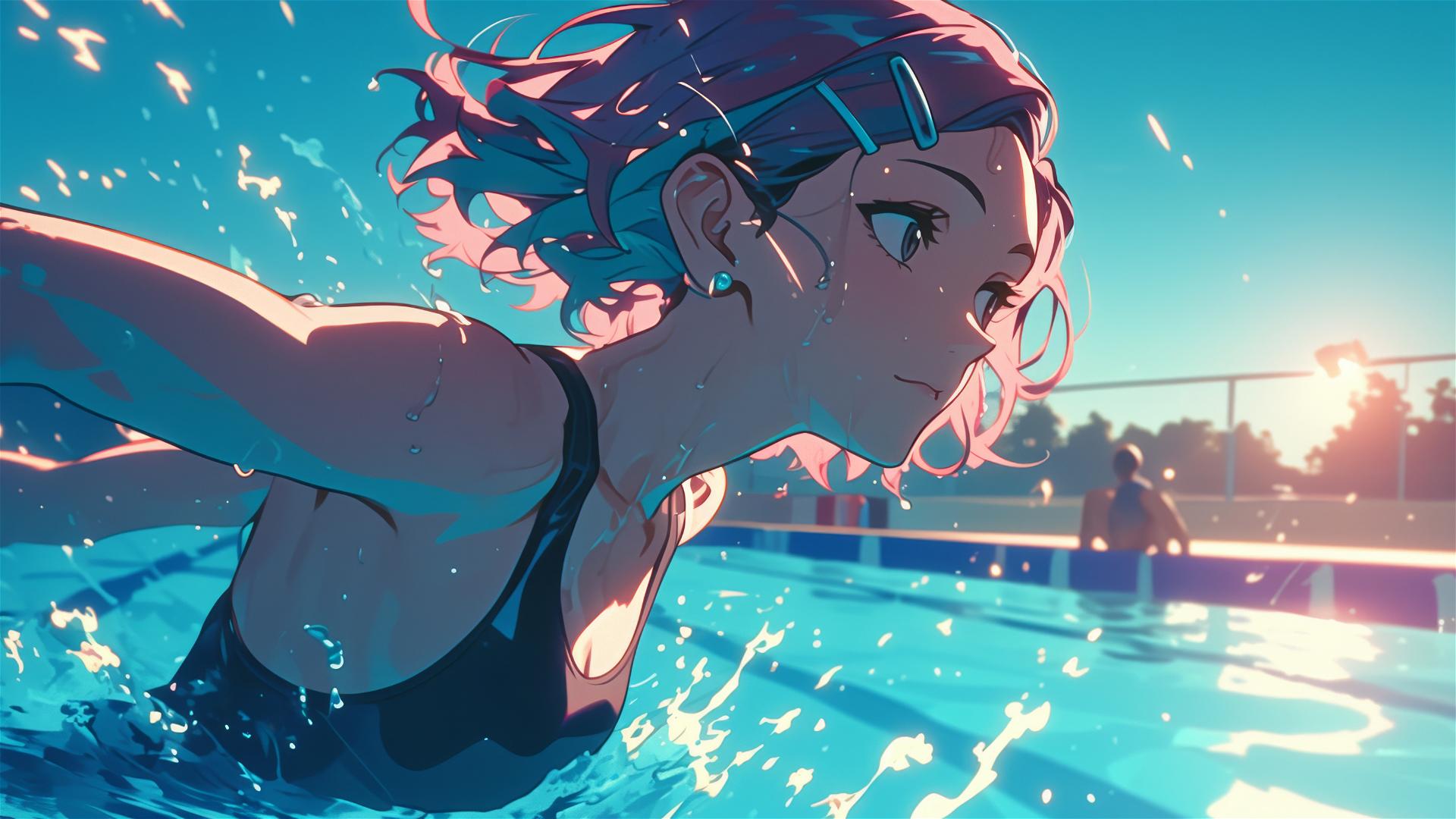 Nobara Kugisaki swimming in moonlit pool from Jujutsu Kaisen
