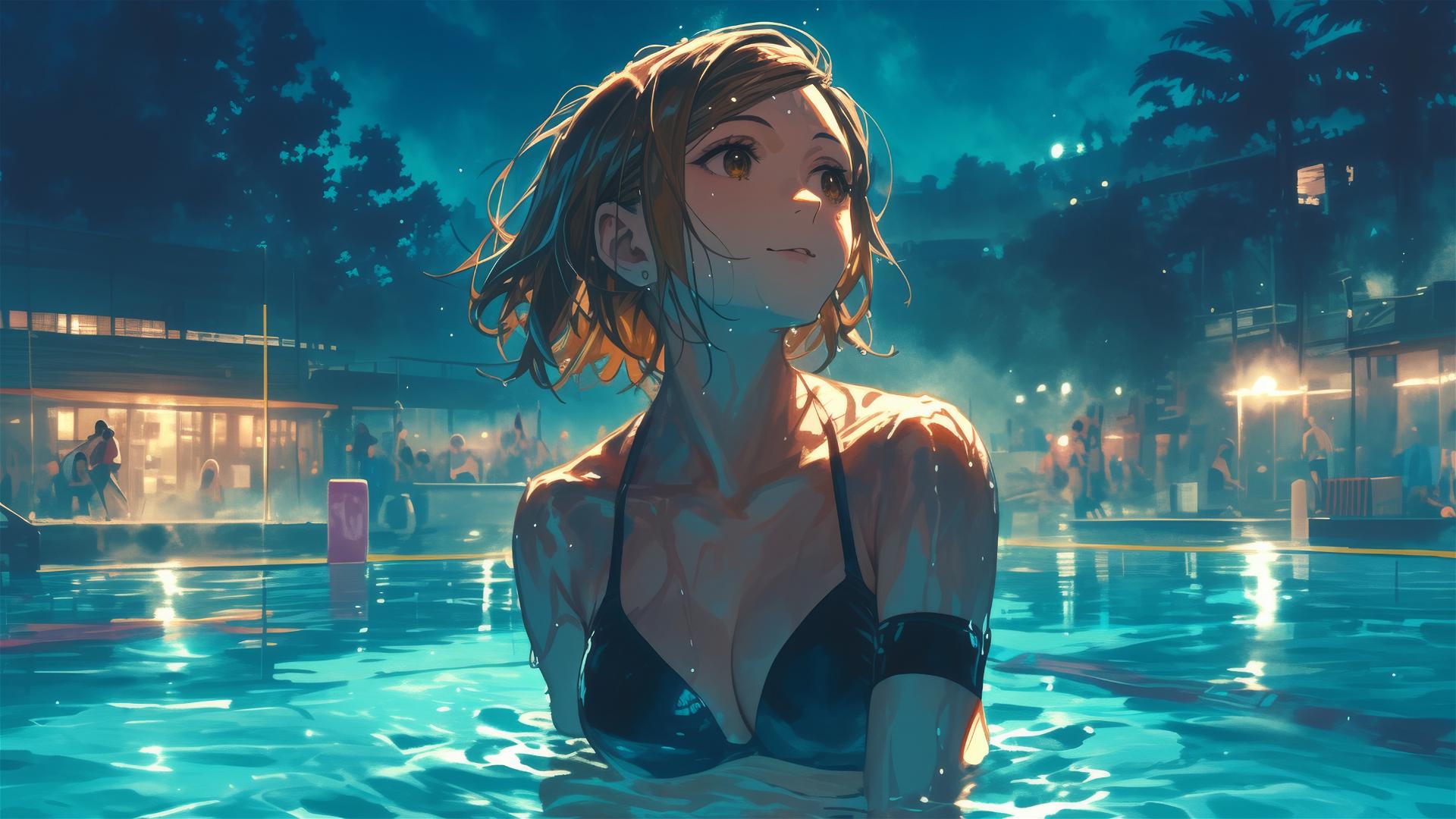Nobara Kugisaki from Jujutsu Kaisen standing in a pool under moonlight