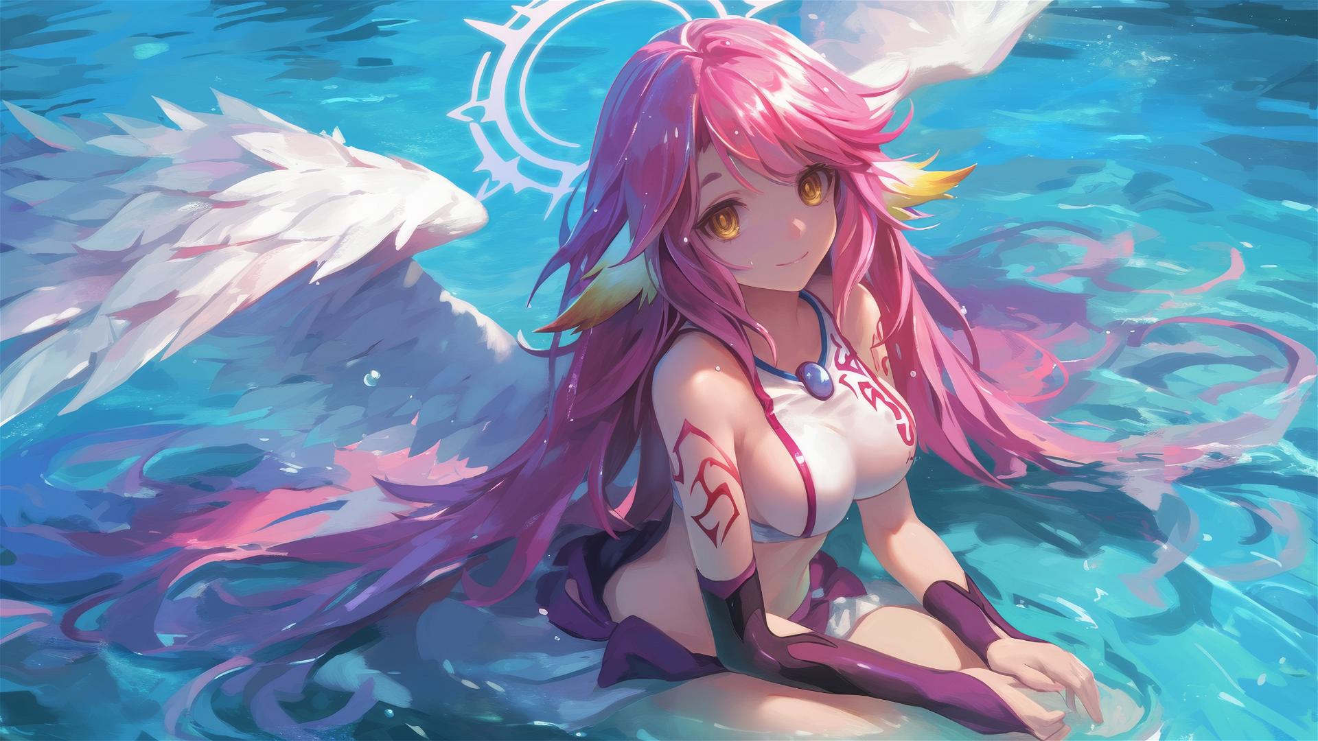 Jibril from No Game No Life swimming under moonlight
