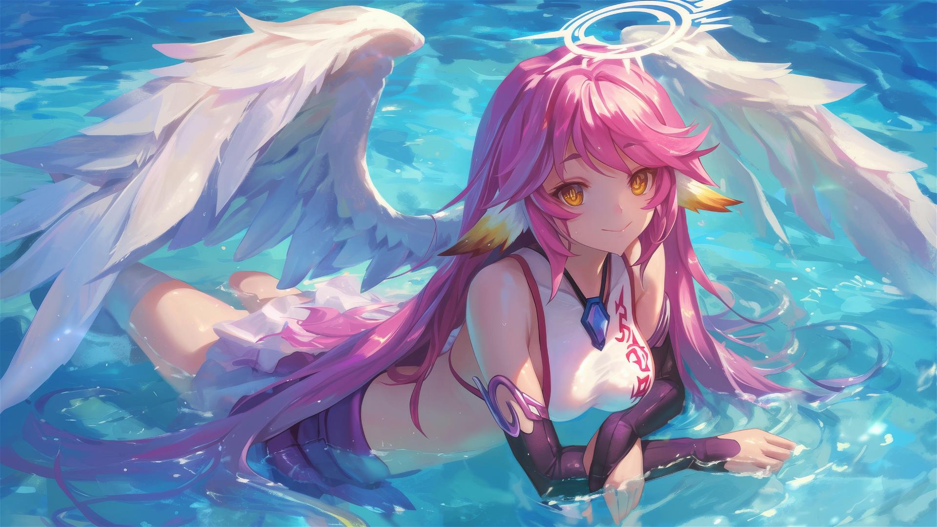 Jibril from No Game No Life swimming in moonlit pool