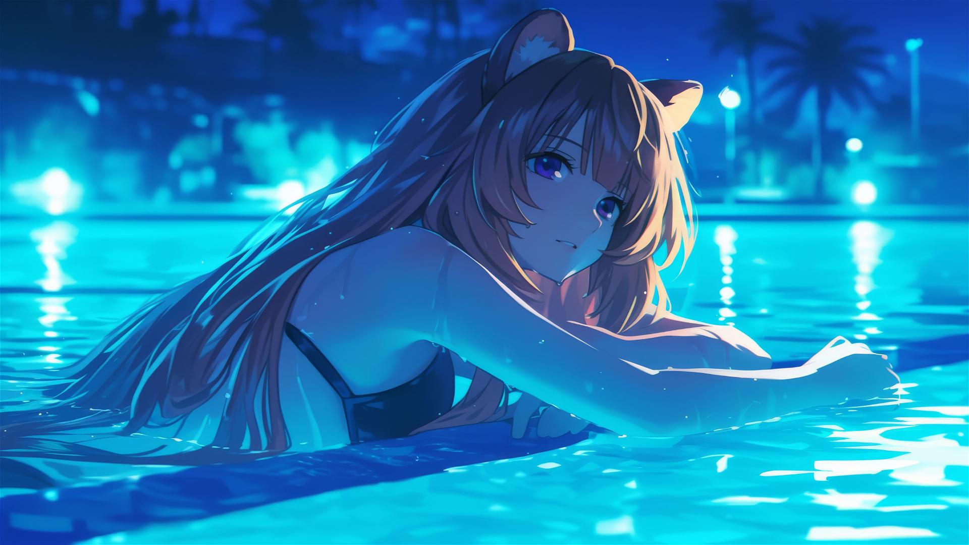 Raphtalia swimming in moonlit pool from The Rising of the Shield Hero