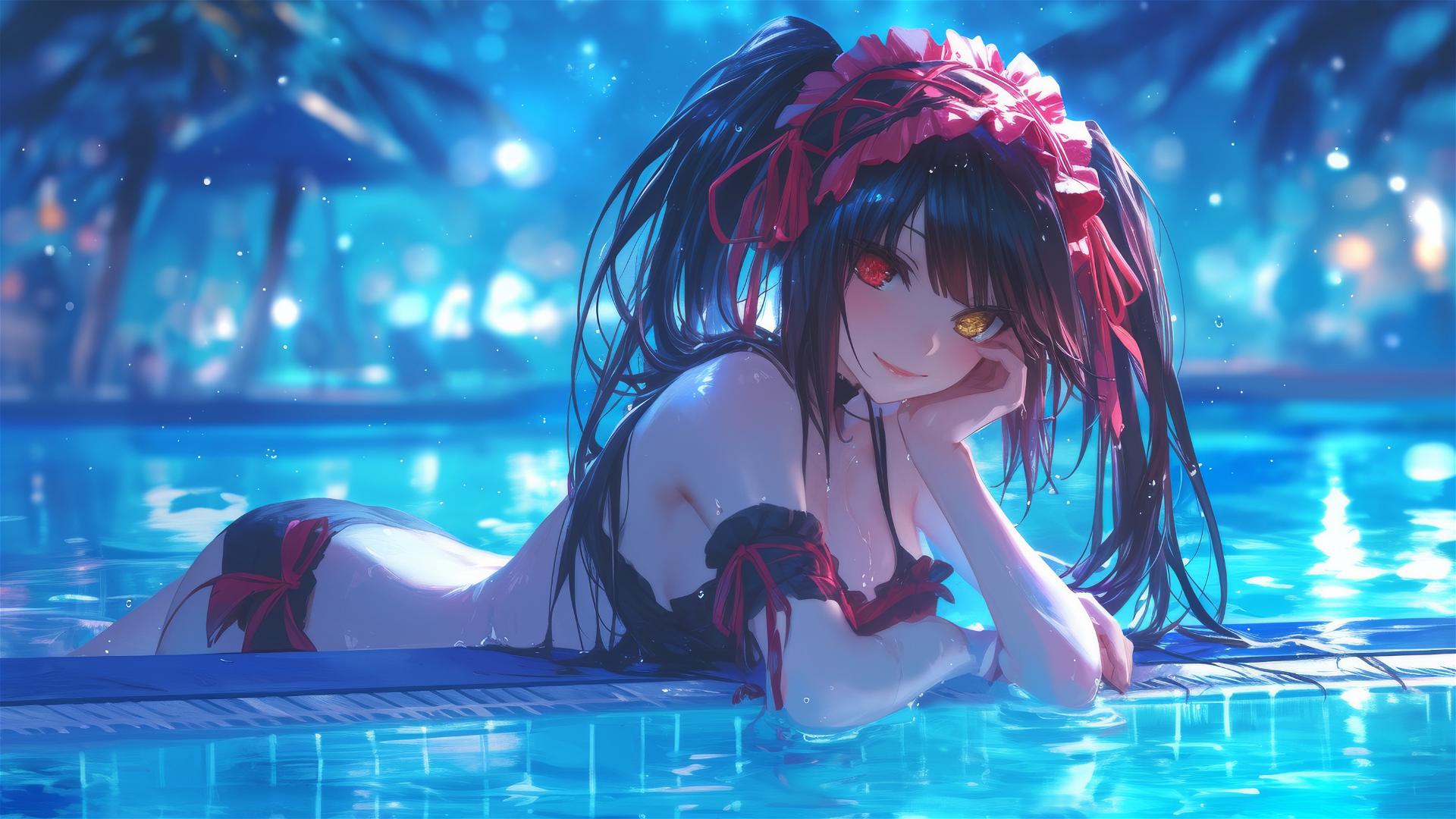 Kurumi Tokisaki from Date A Live resting by the pool under moonlight