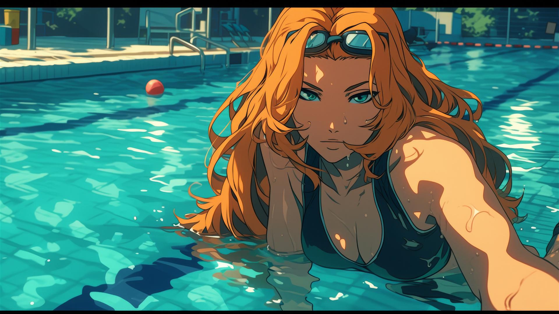 Rangiku Matsumoto from Bleach swimming in a pool under moonlight
