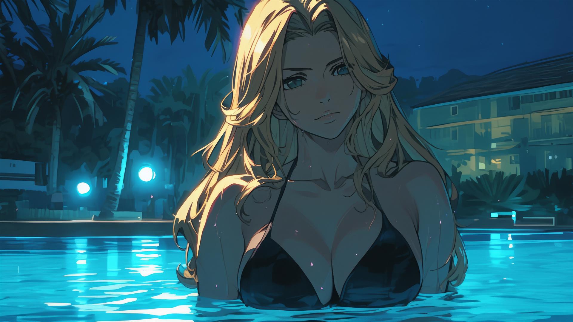 Rangiku Matsumoto leisurely swims under moonlight