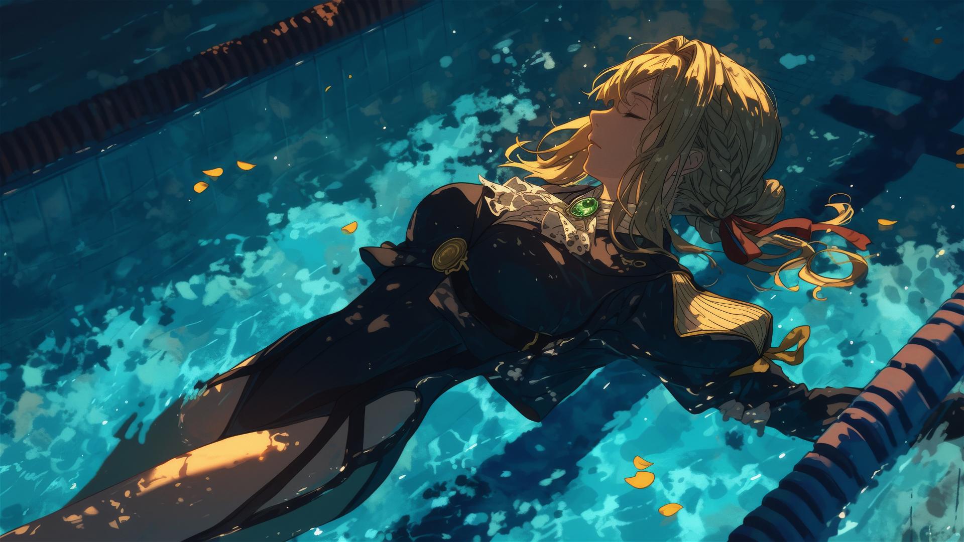 Violet Evergarden swimming in moonlit pool