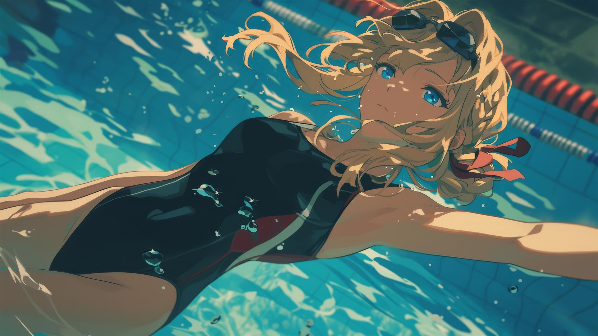Violet Evergarden swimming in moonlit pool