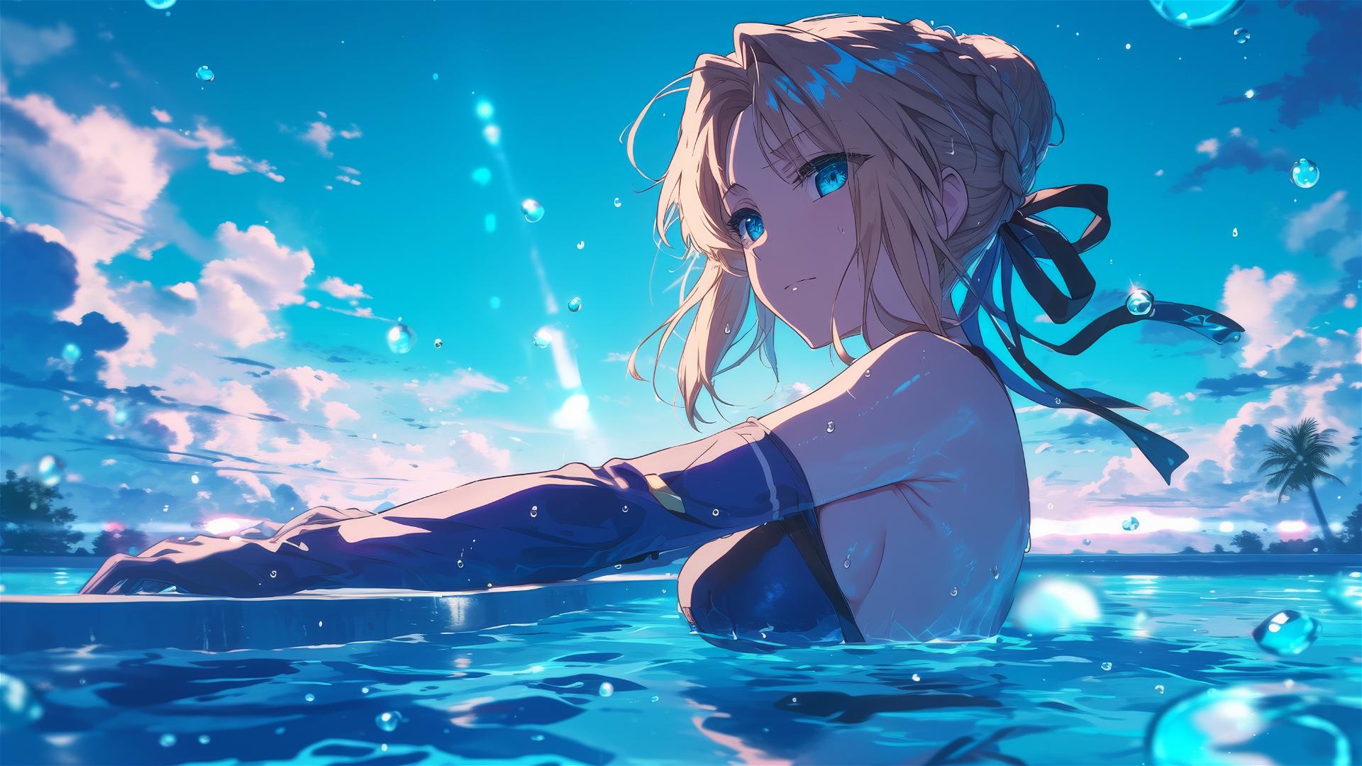 Violet Evergarden character swimming in moonlit pool